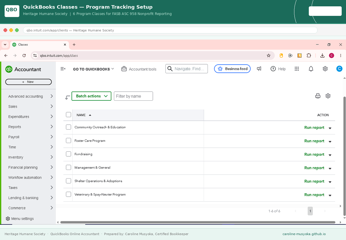 6 Program Classes set up in QuickBooks Online
