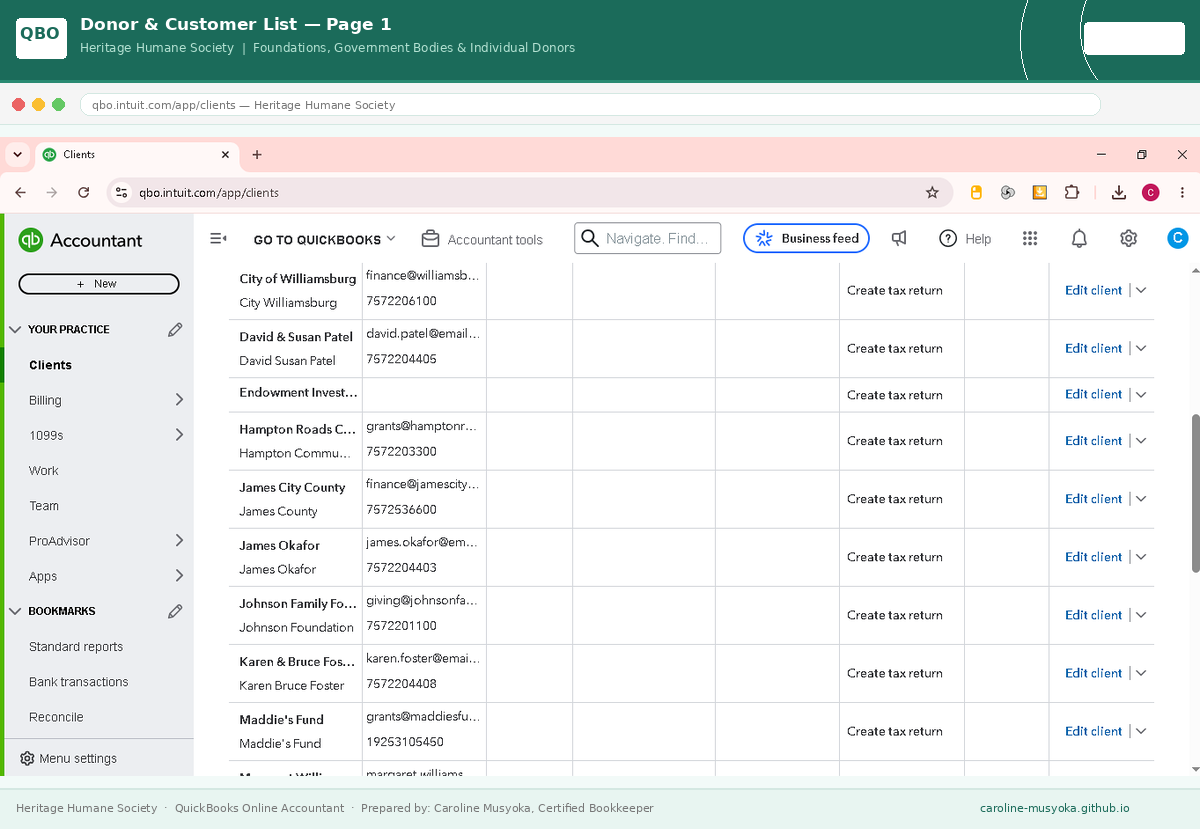 Donor and Customer List Page 1 in QuickBooks Online