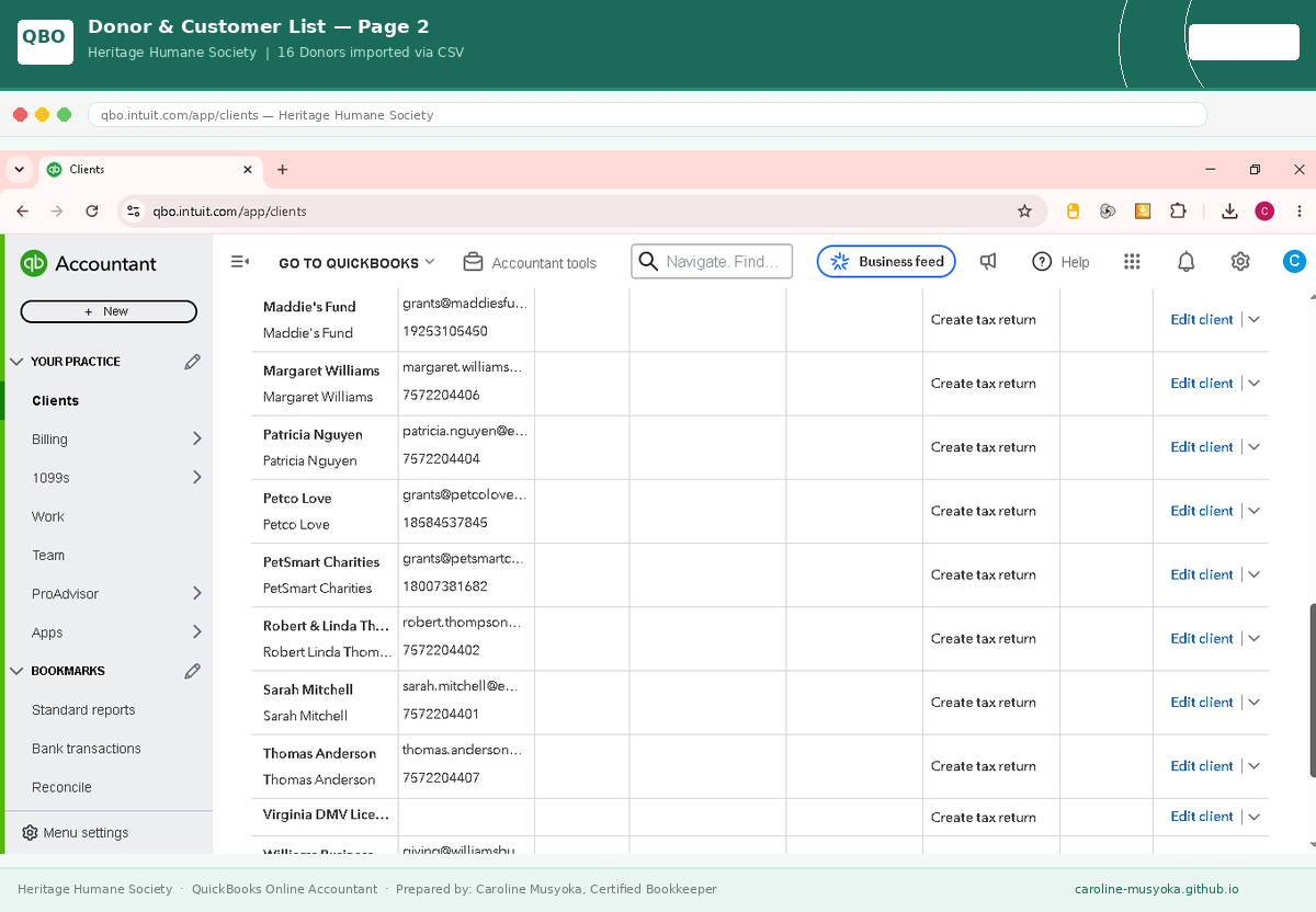 Donor and Customer List Page 2 in QuickBooks Online